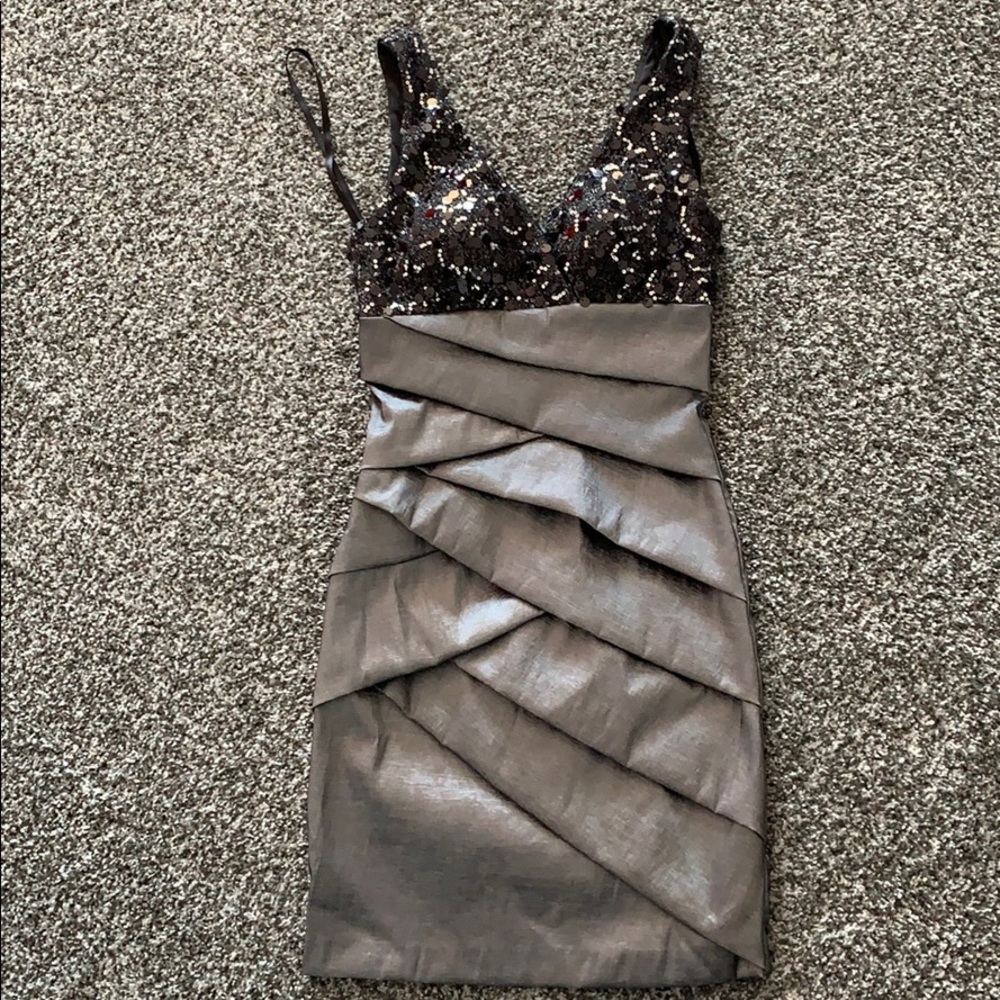 Betsy & Adam Silver dress with sequin detail.